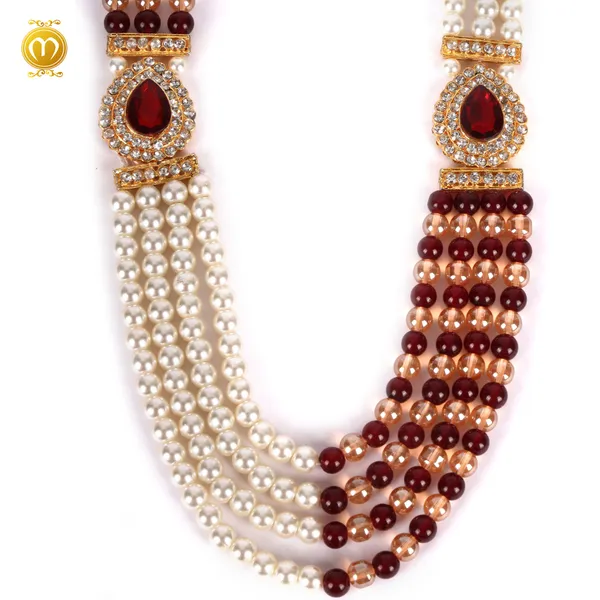 Maroon_White_Pearl_Beaded_Wedding_Necklace_With_Ruby_Pendant_For_Men_Mala
