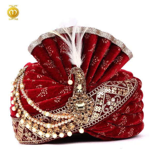 Maroon_Velvet_Embroidered_Wedding_Turban_With_Pagdi_Dupatta_Set_For_Men