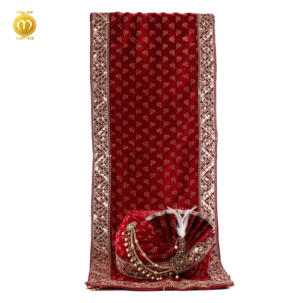 Maroon_Velvet_Embroidered_Wedding_Turban_With_Pagdi_Dupatta_Set_For_Men