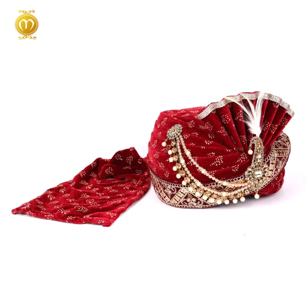 Maroon_Velvet_Embroidered_Wedding_Turban_With_Pagdi_Dupatta_Set_For_Men