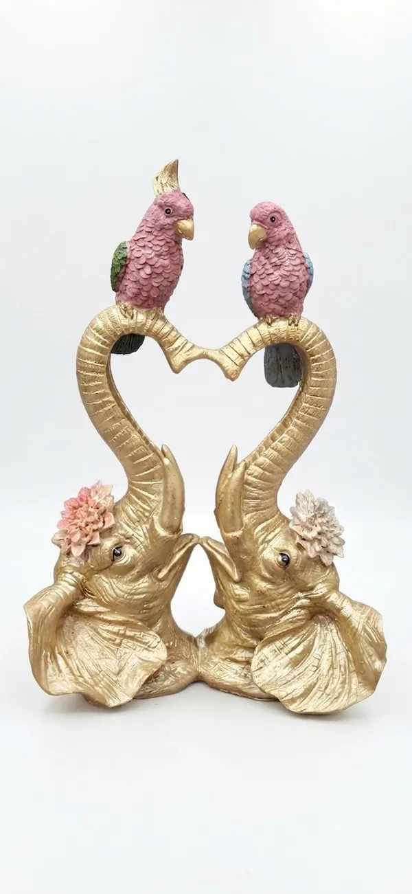 Golden_And_Pink_Heart_Shaped_Elephant_Pair_With_Parrots_Figurine
