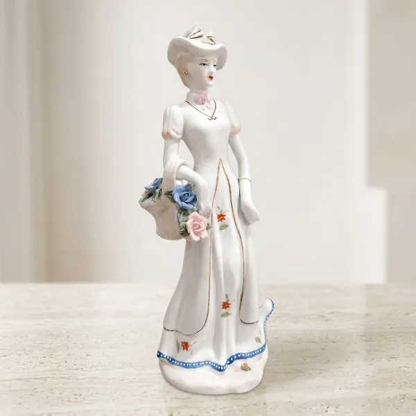 White_Ceramic_Hand_Painted_Floral_Lady_With_Hat_Figurine