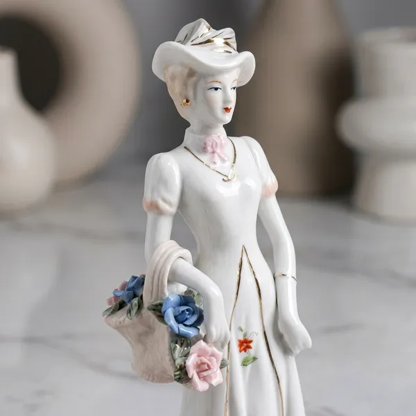 White_Ceramic_Hand_Painted_Floral_Lady_With_Hat_Figurine