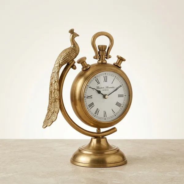 Golden__Metal_Traditional_Peacock_Roman_Numeral_Table_Clock