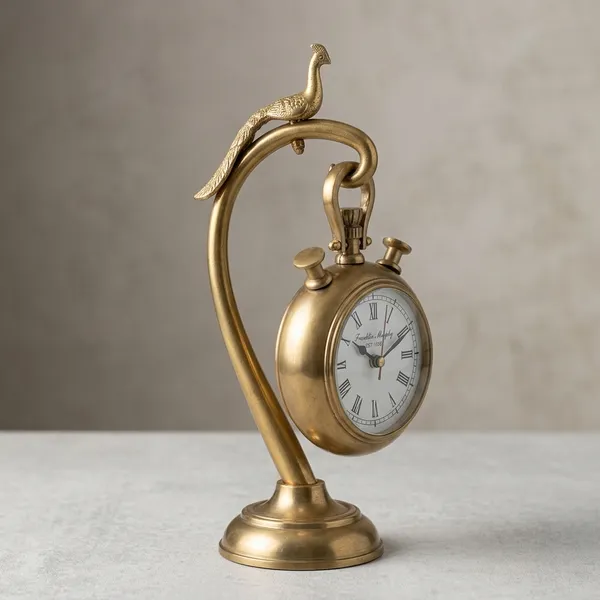Golden__Metal_Traditional_Peacock_Roman_Numeral_Table_Clock