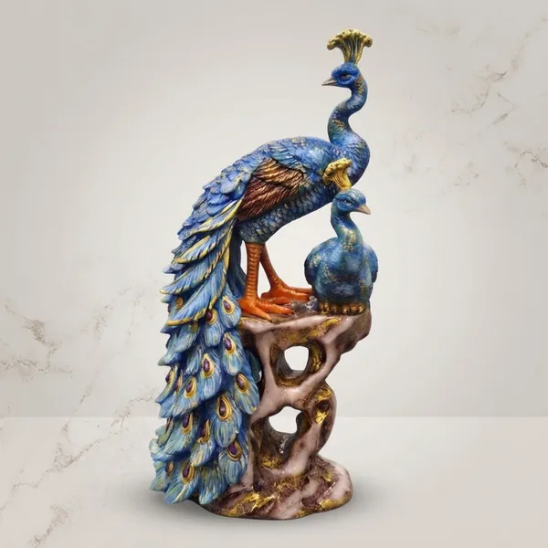 Multicolor_Blue_And_Gold_Peacock_Pair_Statue_Figurine