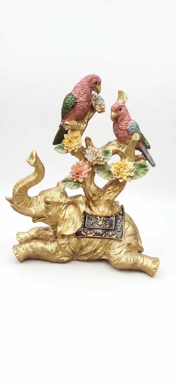 Golden_And_Pink_Elephant_With_Parrots_Statue_Figurine
