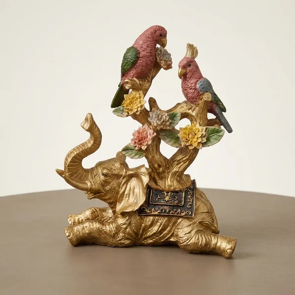 Golden_And_Pink_Elephant_With_Parrots_Statue_Figurine
