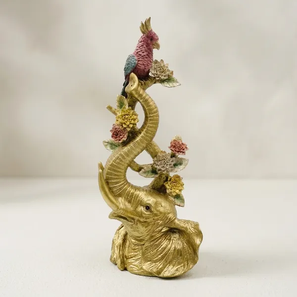 Golden_And_Pink_Elephant_With_Parrots_Figurine_Statue