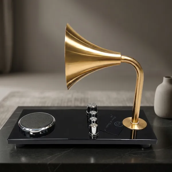 Golden_And_Black_Metal_Glass_Record_Player_Sculpture