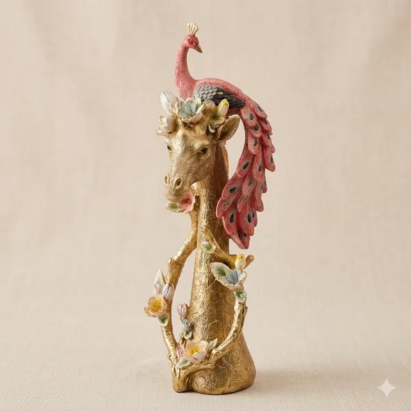 Golden_And_Pink_Regal_Giraffe_And_Peacock_Figurine