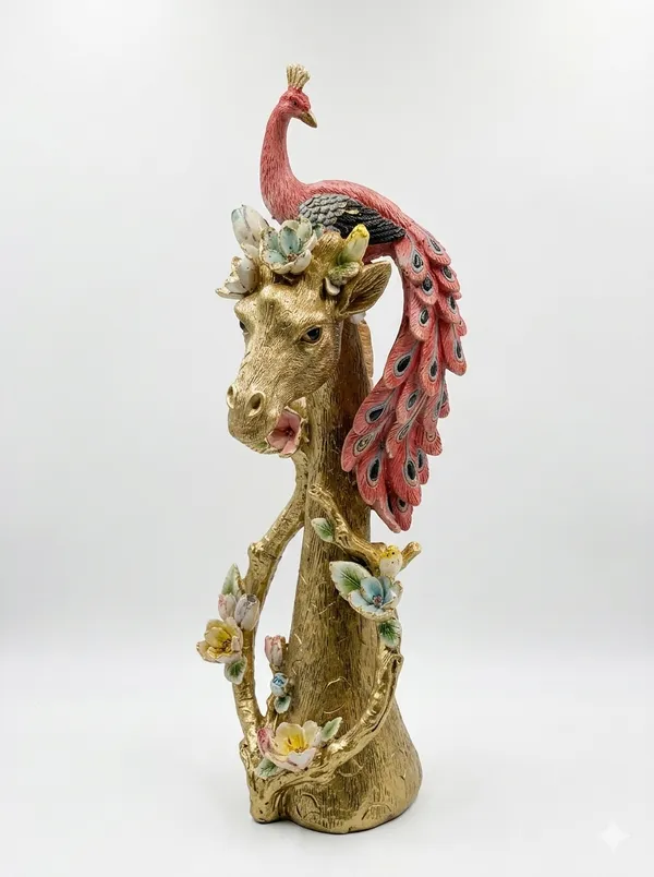 Golden_And_Pink_Regal_Giraffe_And_Peacock_Figurine