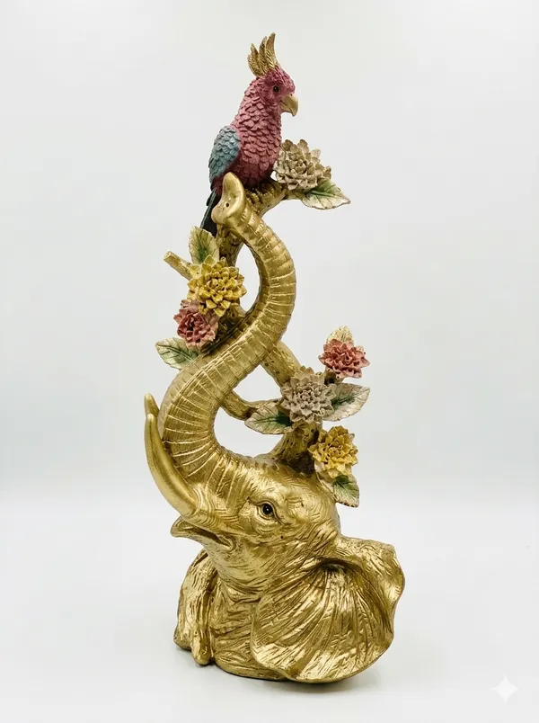 Golden_And_Pink_Elephant_With_Parrots_Figurine_Statue