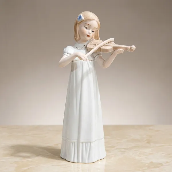 White_Ceramic_Glossy_Violin_Player_Girl_Figurine