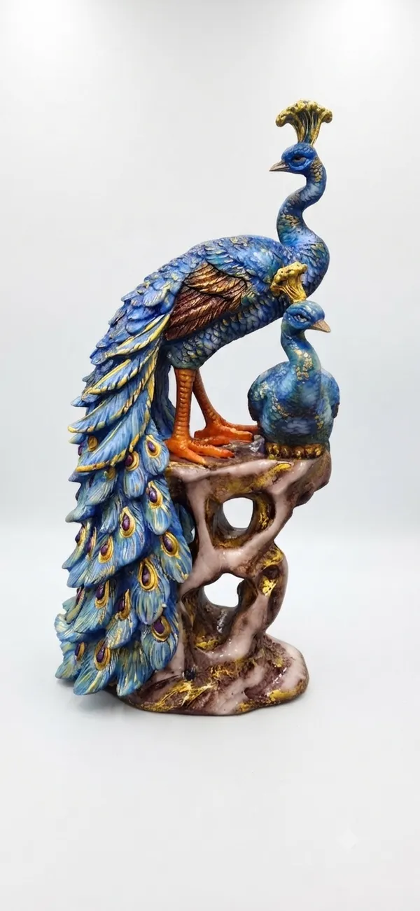 Multicolor_Blue_And_Gold_Peacock_Pair_Statue_Figurine