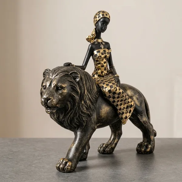 Golden_And_Black_Polyresin_Mosaic_Woman_Riding_Lion_Sculpture_Figurine