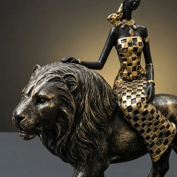 Golden_And_Black_Polyresin_Mosaic_Woman_Riding_Lion_Sculpture_Figurine