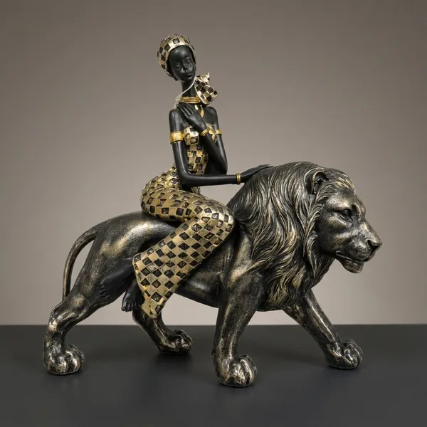 Golden_And_Black_Polyresin_Accent_Decorative_Lion_With_Rider_Figurine