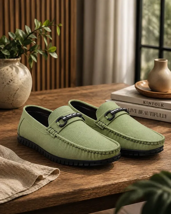 Olive_Green_Suede_Loafers_With_Chain_Detail_For_Men