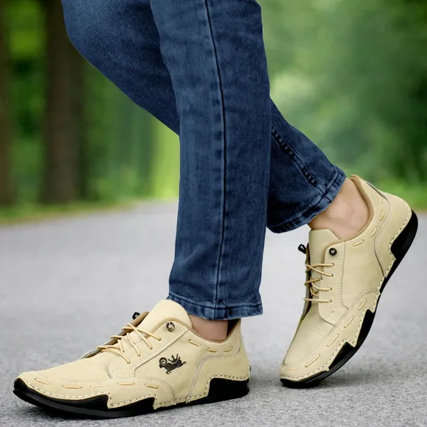 Beige_Casual_Lace-Up_Loafers_Dragon_Logo_For_Men