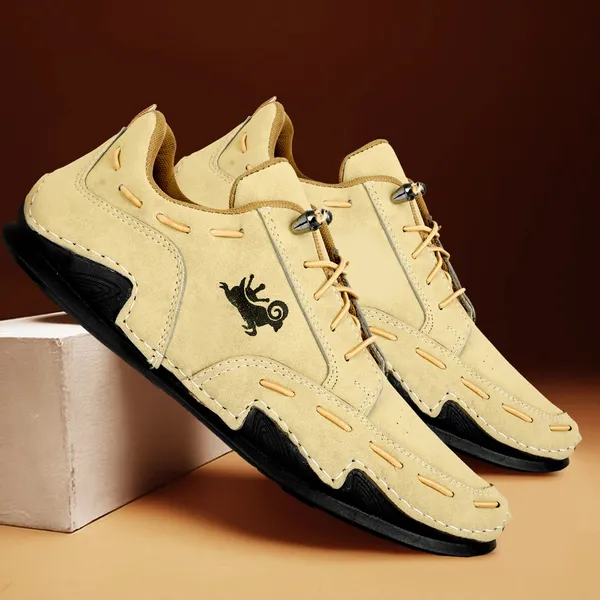 Beige_Casual_Lace-Up_Loafers_Dragon_Logo_For_Men