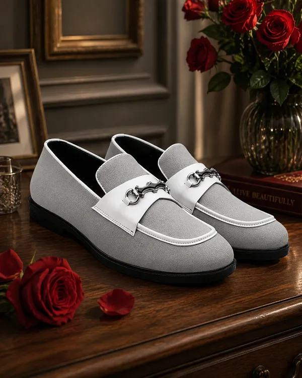 Grey_Suede_Loafers_With_Silver_Chain_Detail_For_Men
