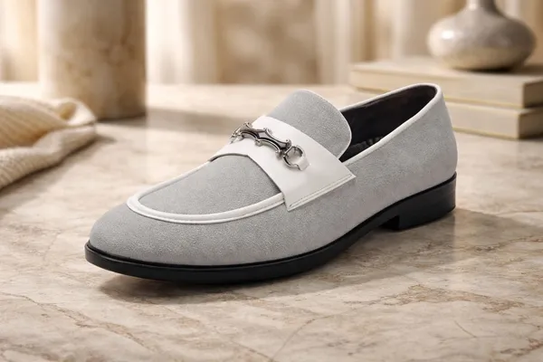 Grey_Suede_Loafers_With_Silver_Chain_Detail_For_Men