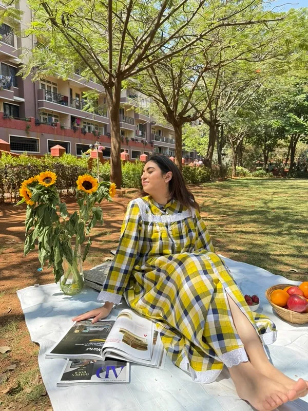 Yellow_And_White_Checked_Cotton_Full_Sleeve_Dress_For_Women