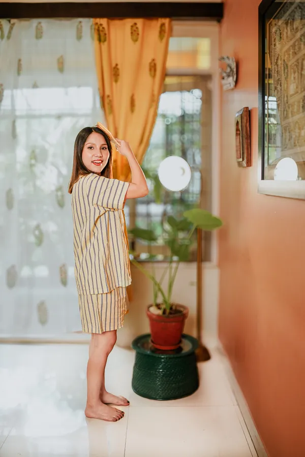 Yellow_And_Blue_Striped_Cotton_Sleepwear_Set_For_Women