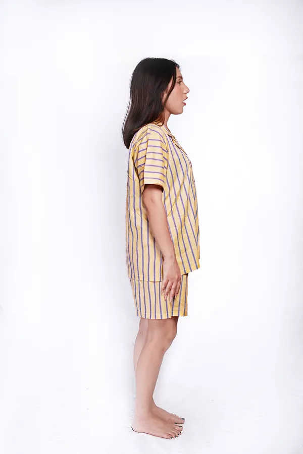 Yellow_And_Blue_Striped_Cotton_Sleepwear_Set_For_Women