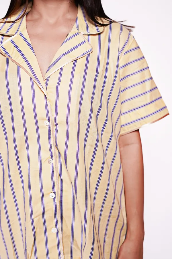 Yellow_And_Blue_Striped_Cotton_Sleepwear_Set_For_Women