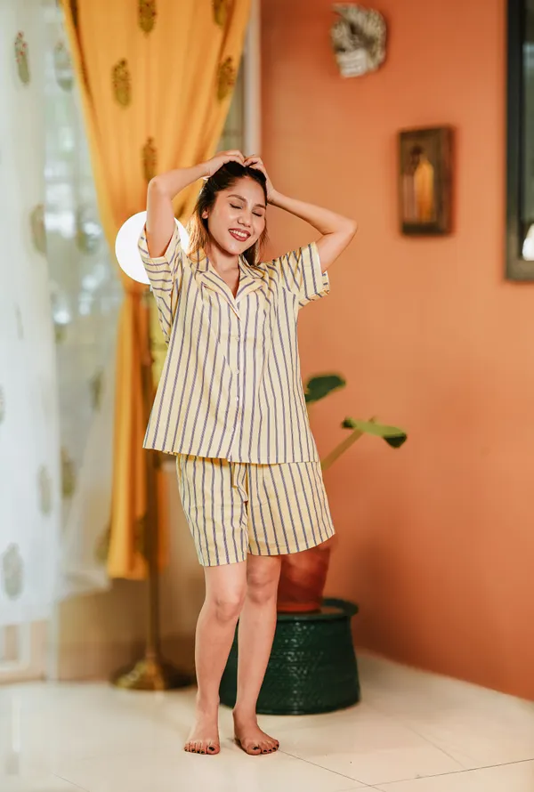 Yellow_And_Blue_Striped_Cotton_Sleepwear_Set_For_Women