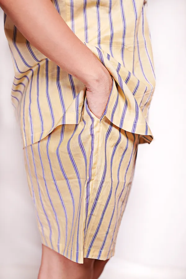 Yellow_And_Blue_Striped_Cotton_Sleepwear_Set_For_Women