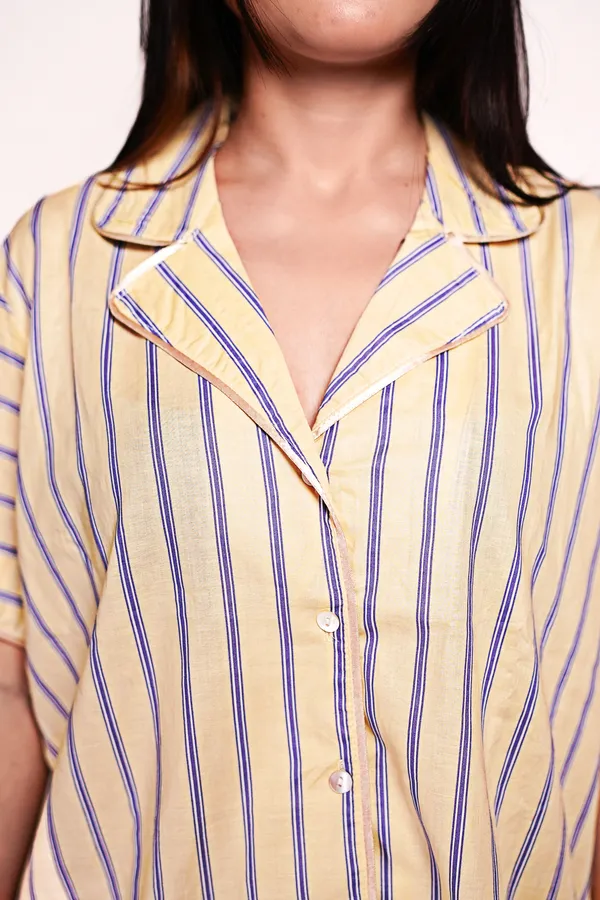 Yellow_And_Blue_Striped_Cotton_Sleepwear_Set_For_Women