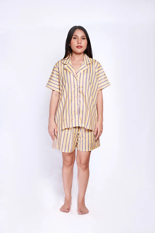 Yellow_And_Blue_Striped_Cotton_Sleepwear_Set_For_Women