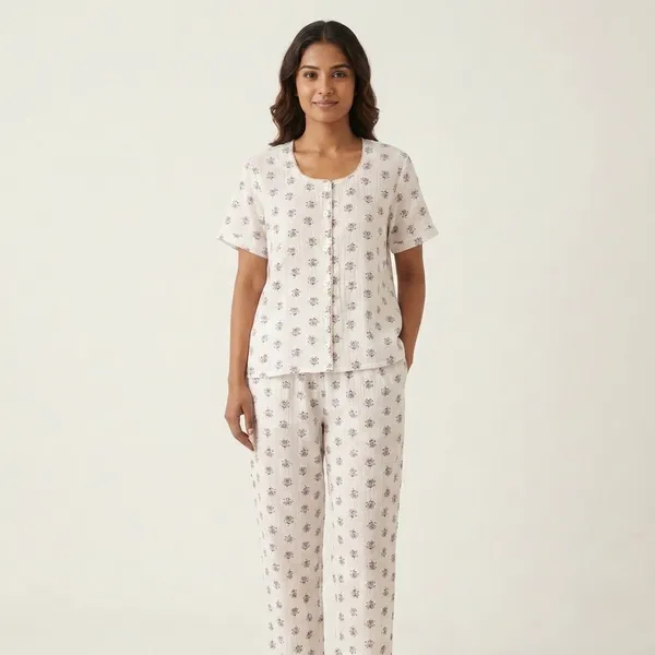 White_Floral_Print_Cotton_Sleepwear_Set_For_Women