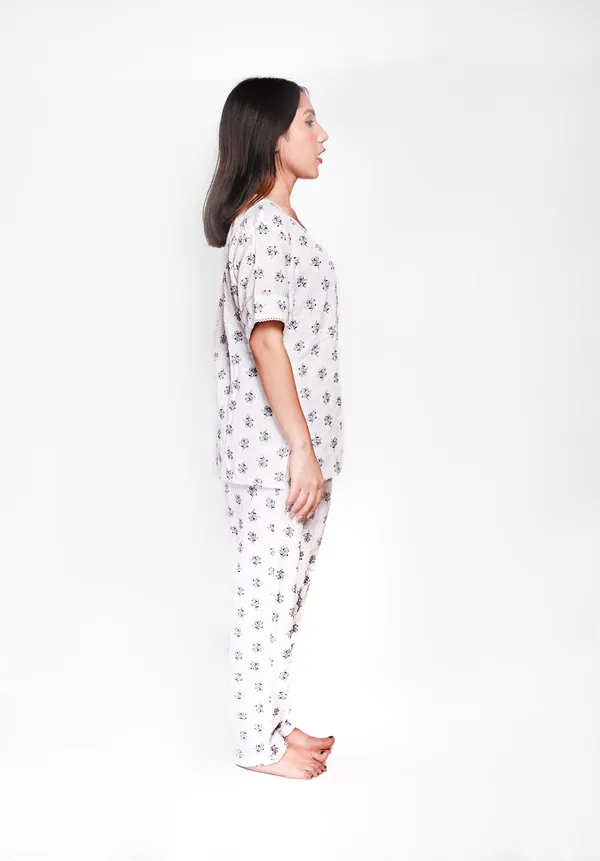 White_Floral_Print_Cotton_Sleepwear_Set_For_Women