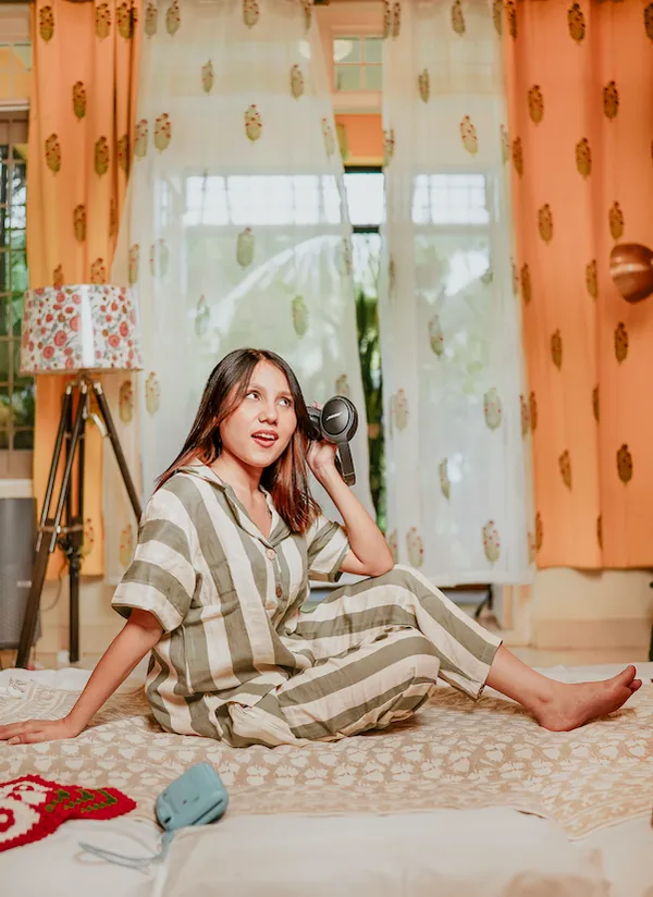 Green_And_White_Striped_Cotton_Sleepwear_Set_For_Women