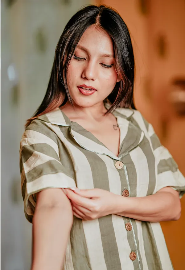 Green_And_White_Striped_Cotton_Sleepwear_Set_For_Women