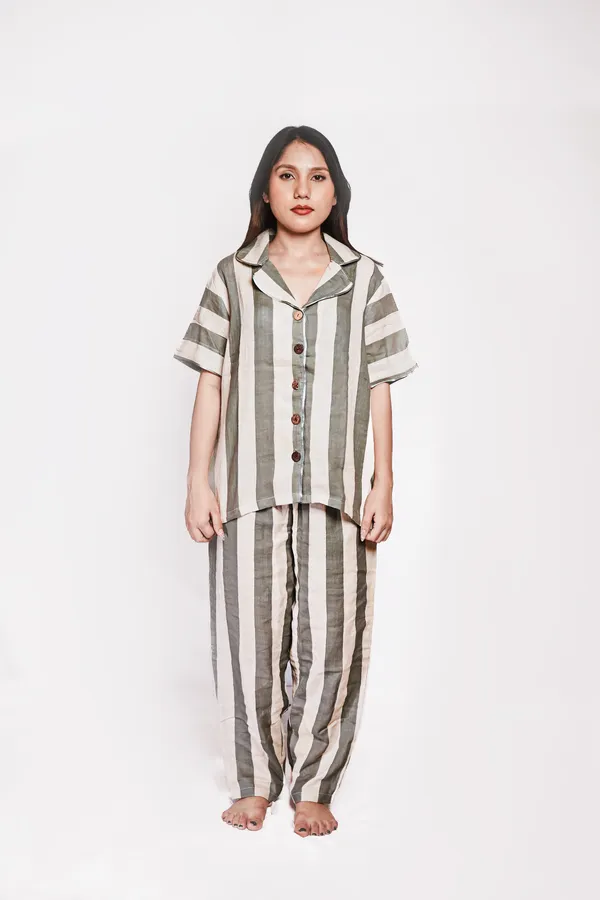 Green_And_White_Striped_Cotton_Sleepwear_Set_For_Women