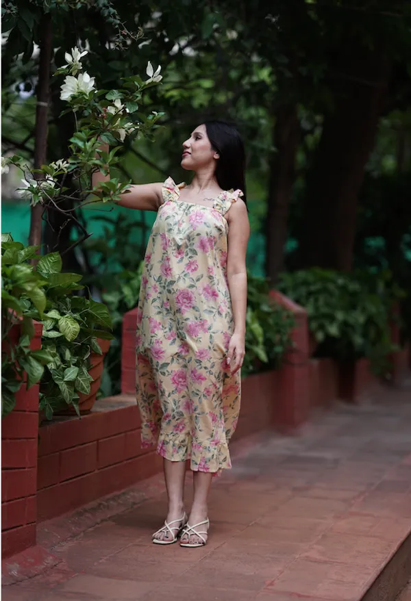 Yellow_Floral_Print_Cotton_Midi_Dress_For_Women