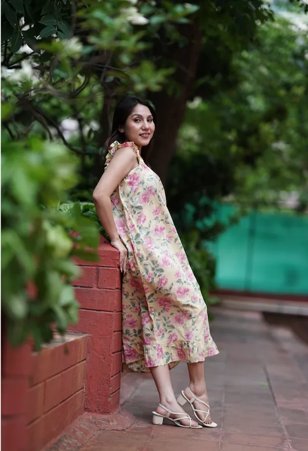Yellow_Floral_Print_Cotton_Midi_Dress_For_Women