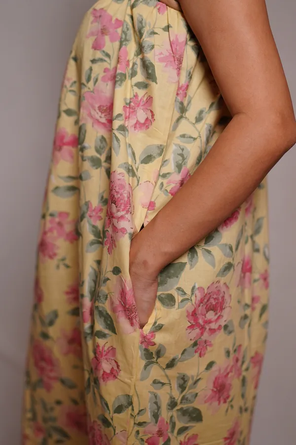 Yellow_Floral_Print_Cotton_Midi_Dress_For_Women