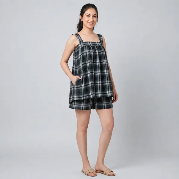 Black_And_White_Plaid_Cotton_Sleeveless_Midi_Dress_For_Women