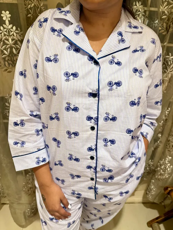 White_And_Blue_Bicycle_Print_Cotton_Sleepwear_Set_For_Women