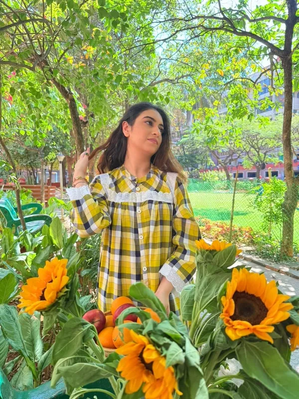 Yellow_And_White_Checked_Cotton_Full_Sleeve_Dress_For_Women