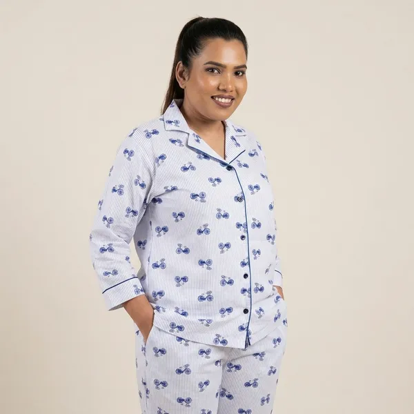 White_And_Blue_Bicycle_Print_Cotton_Sleepwear_Set_For_Women