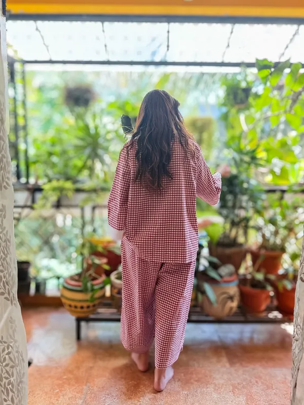 Red_Gingham_Check_Cotton_Bell_Sleeve_Sleepwear_Set_For_Women