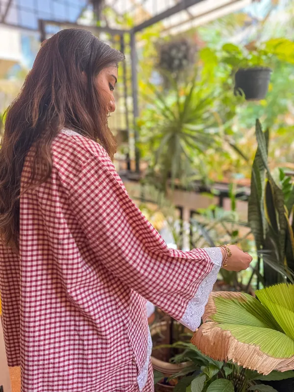 Red_Gingham_Check_Cotton_Bell_Sleeve_Sleepwear_Set_For_Women