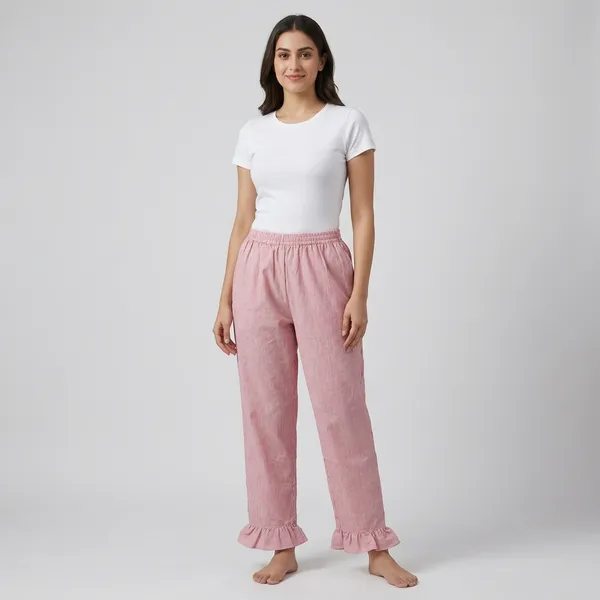 Pink_Cotton_Ruffle_Hem_Night_Pants_For_Women